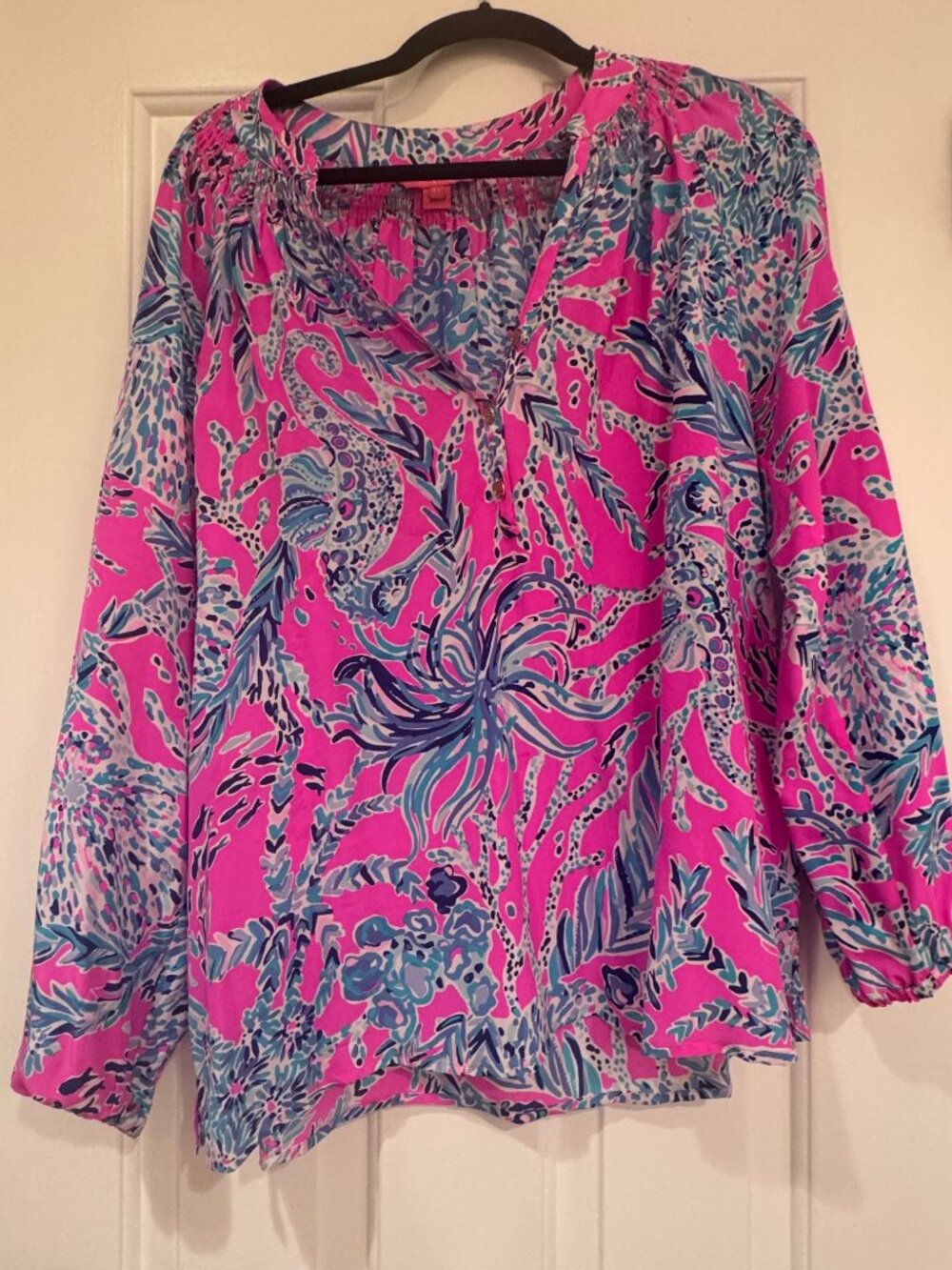 Lilly Pulitzer Pink Ocean Coral Print Long Sleeve Silk/Satin Blouse Size M